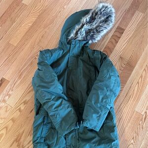Lands' End Green Parka with Faux Fur Hood - Size L(10-12)